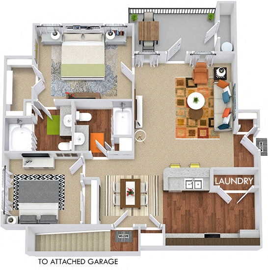 Floor plan for 2 beds, 2 baths, 986 sqft